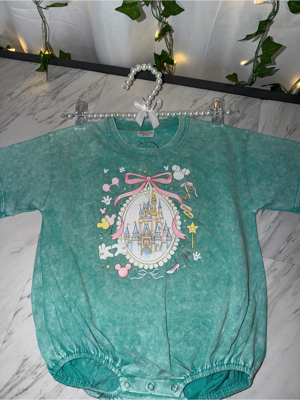 Acid wash Teal Castle Graphic Romper with bling for Kids